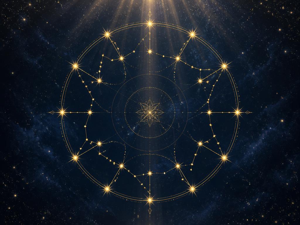 Roda de constelações dourada sobre céu estrelado azul profundo
